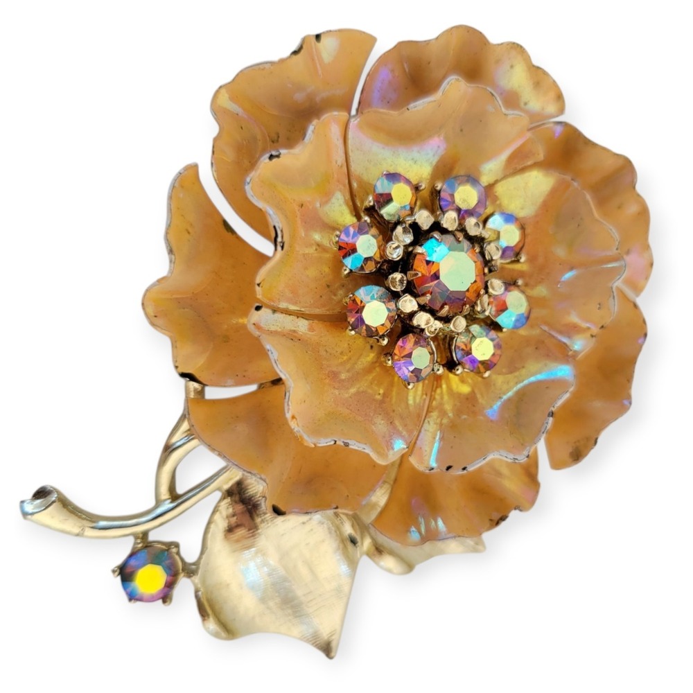 VTG Signed Coro Glass AB Rhinestone Enamel Metal Flower Brooch Pin Iridescent